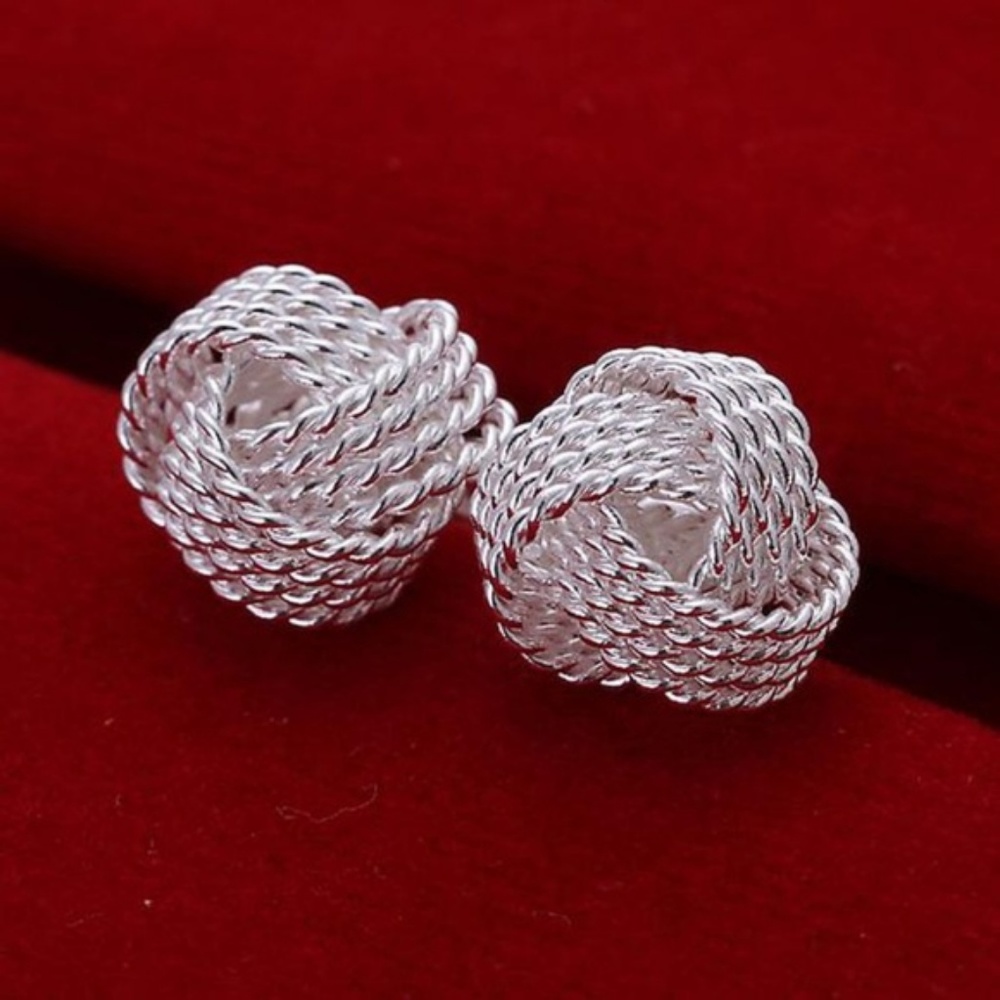 Silver Plated Rope Ball Earrings - Picture 3 of 6